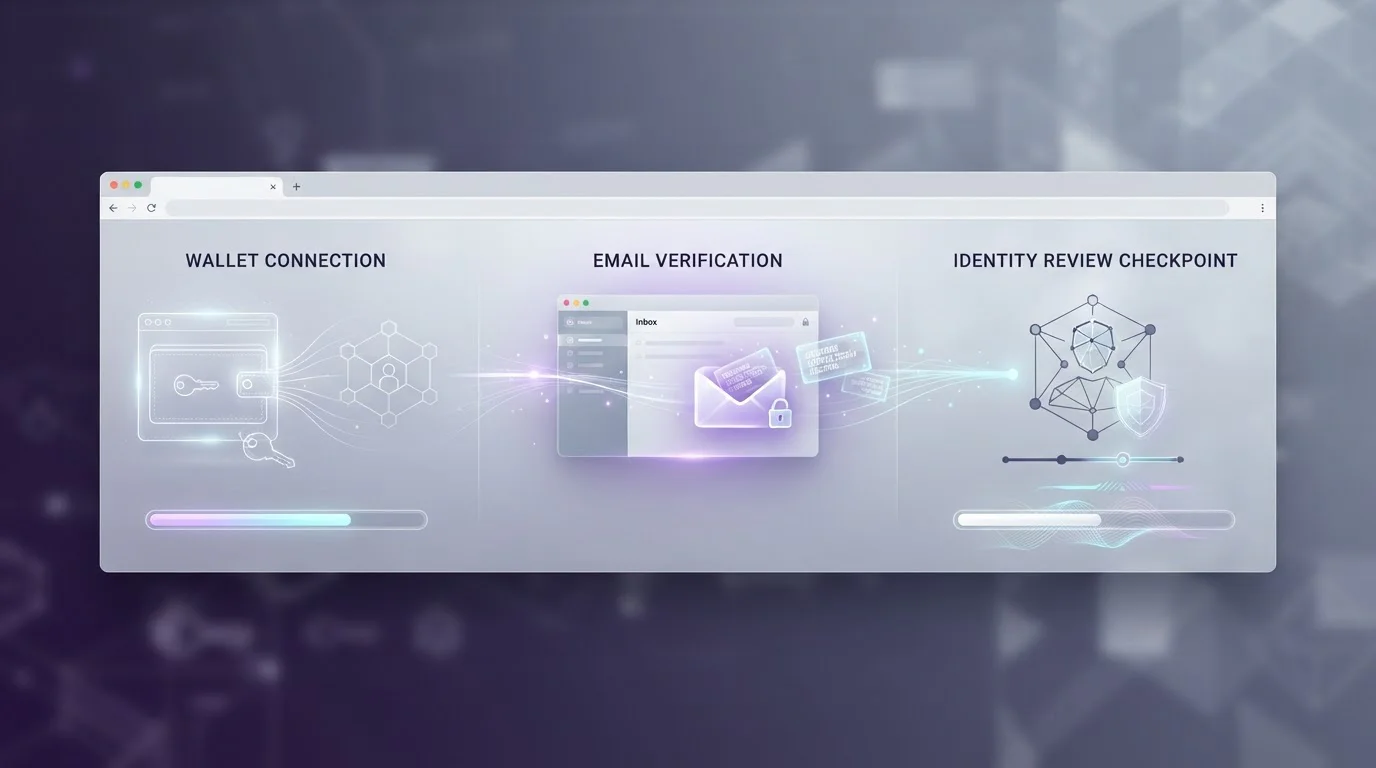 Neutral browser interface showing email sign-up, account confirmation, and a later identity-check step