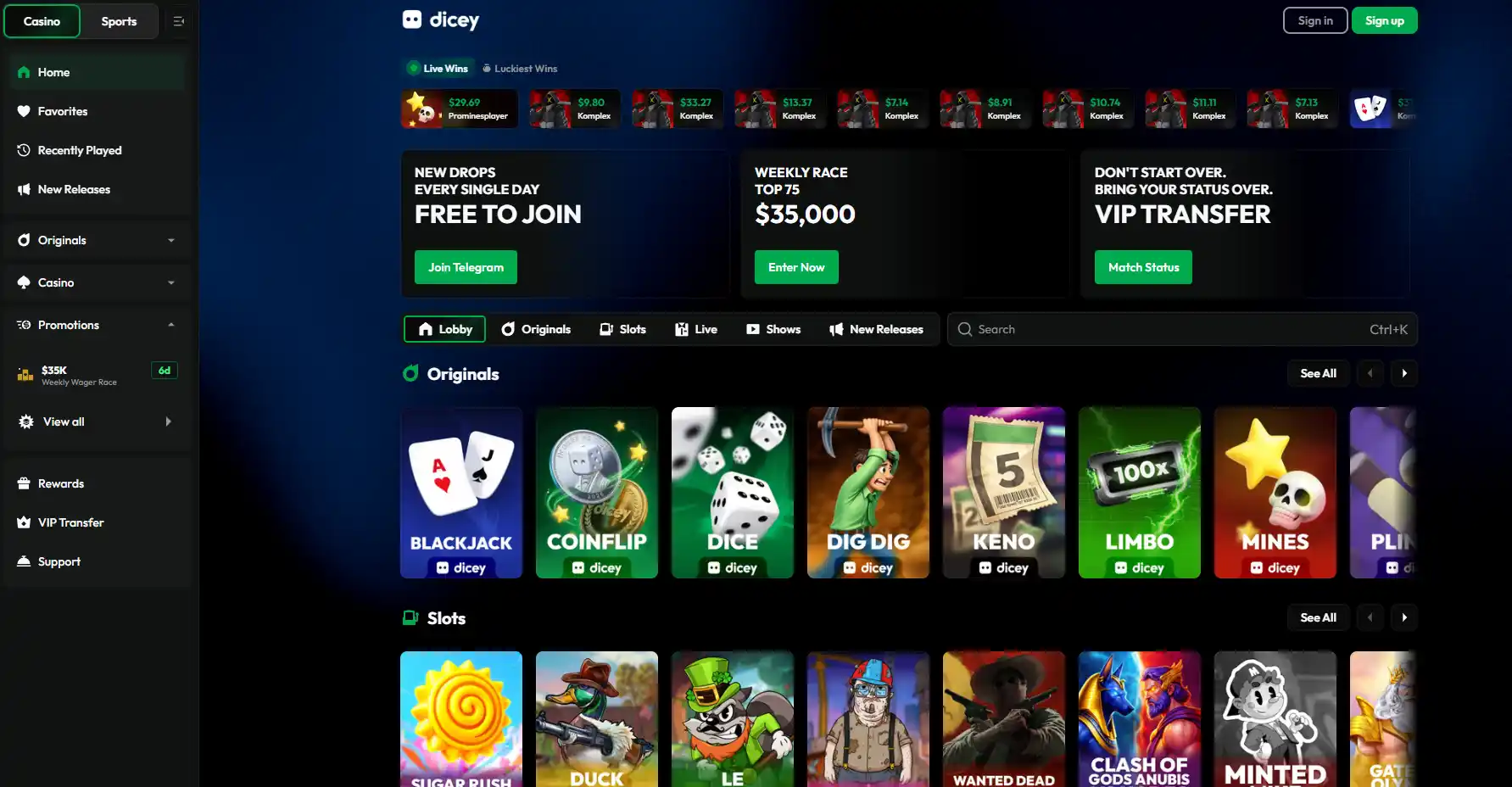 Dicey casino lobby with navigation and rows of game tiles