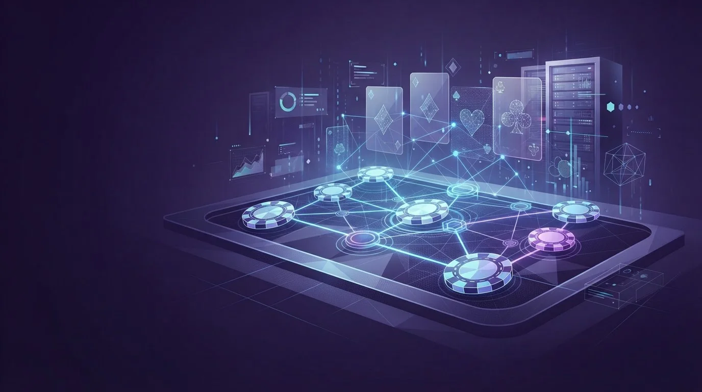 Abstract casino chips and blockchain nodes connected across a violet network