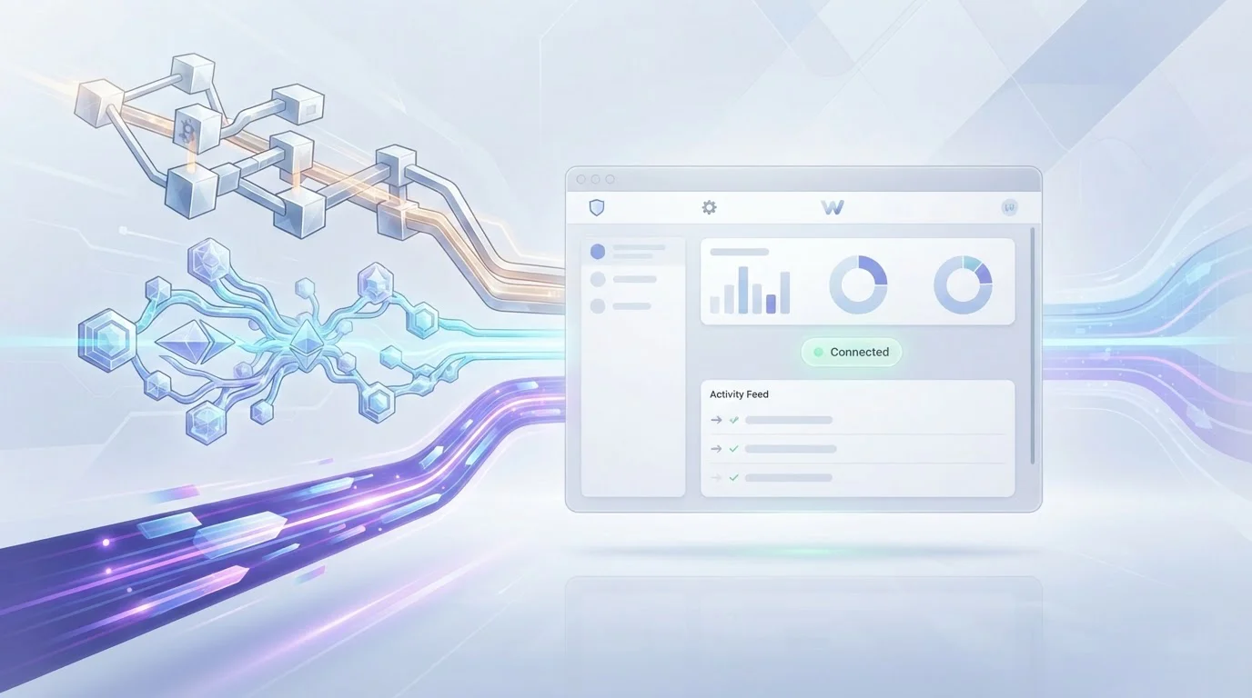 Multiple blockchain network paths connecting crypto assets to a neutral wallet interface