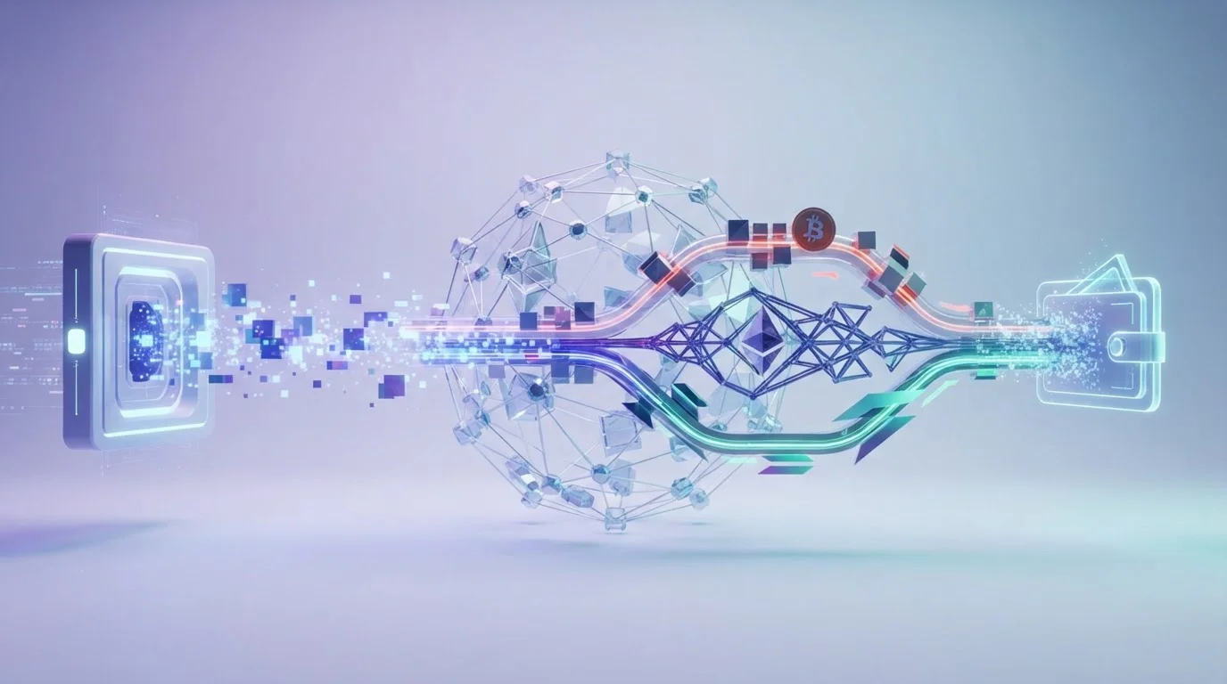 Crypto withdrawal moving from an account balance through a blockchain network to an external wallet
