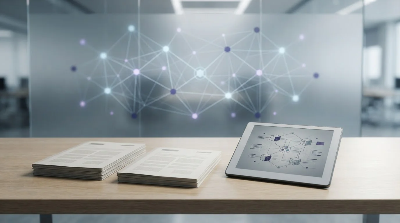 Neutral regulatory documents beside blockchain nodes and a digital ledger