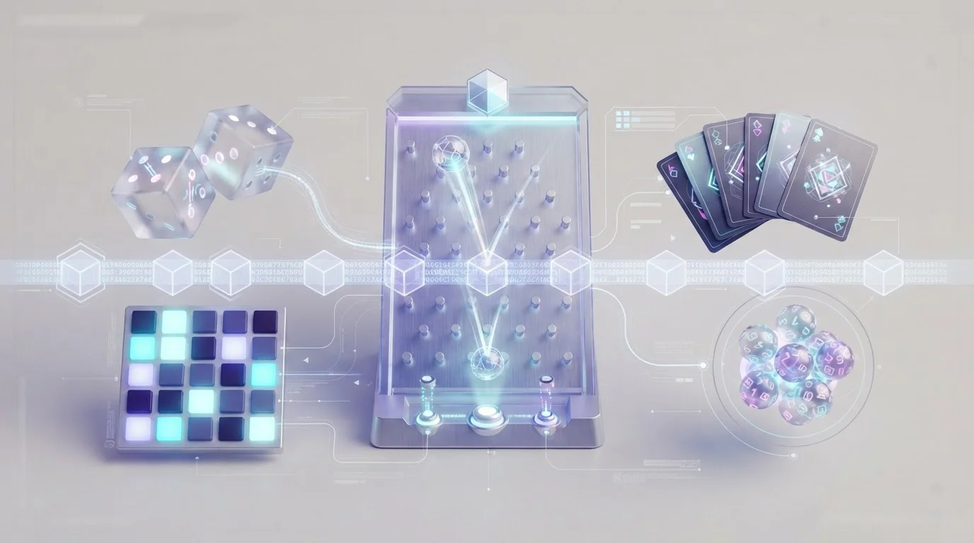 Abstract dice, mines grid, plinko pegs, playing cards, keno balls, and a cryptographic seed-and-hash motif